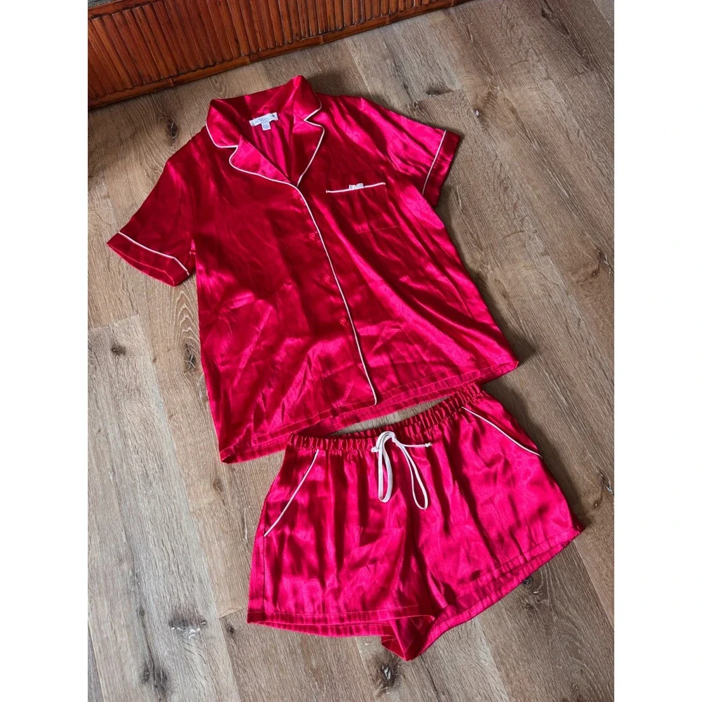 In Bloom by Jonquil Red‎ Satin Pajama Set Short Sleeve Button Down Size S